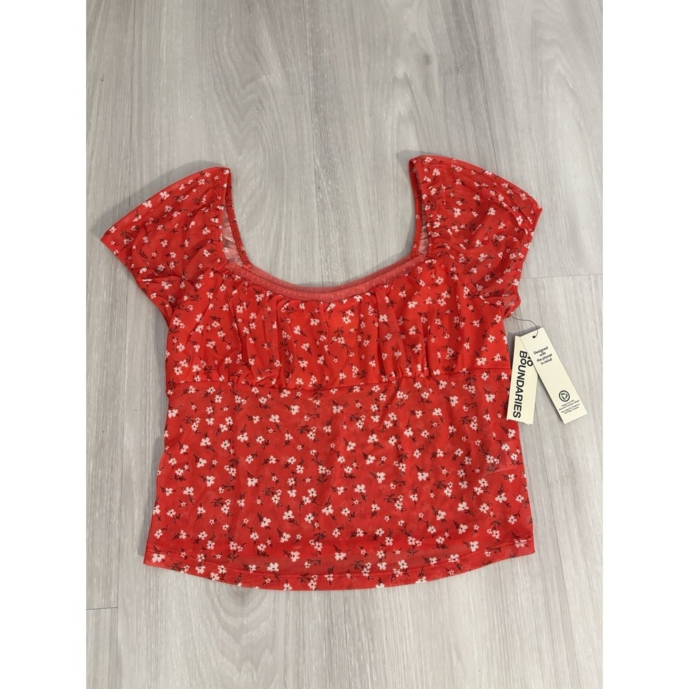 No Boundaries Top Women Red Floral Print Sheer Mesh  Square Neck Size L 12-14